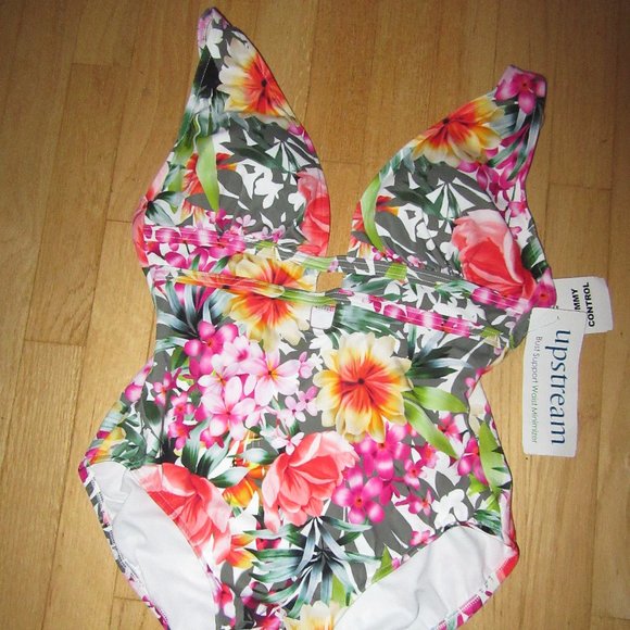 NWT ONE PIECE BATHING SUIT/UPSTREAM/FLORAL/OPEN FRONT/TUMMY CONTROL/SIZE 10! - Picture 1 of 5